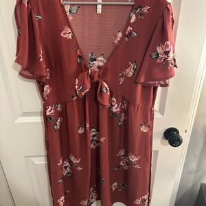 Floral Rust Dress with Tie Front